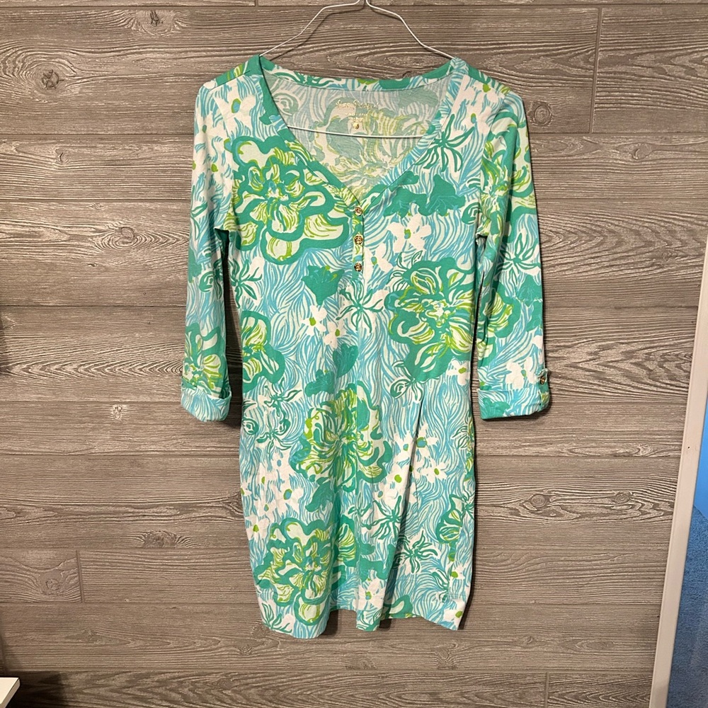 Lilly Pulitzer 3/4 Sleeve V Neck Tunic Dress Palm Leaf Print XS